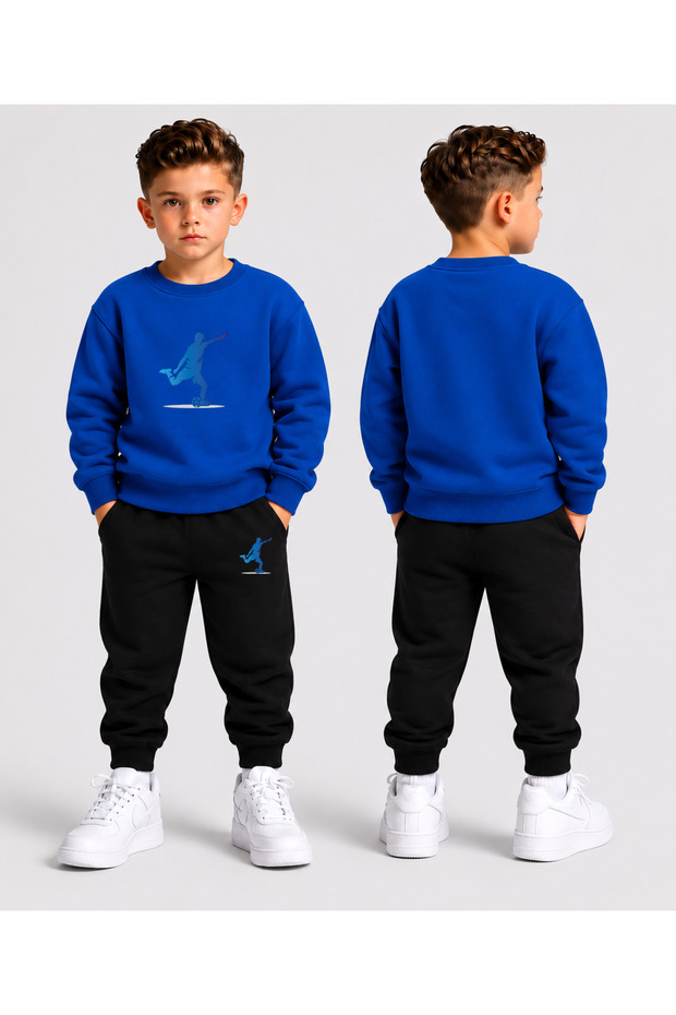 Crew Neck Sweatshirt Top and Bottom Set Boys' Tracksuit Set 3 Thread Threaded Winter Set