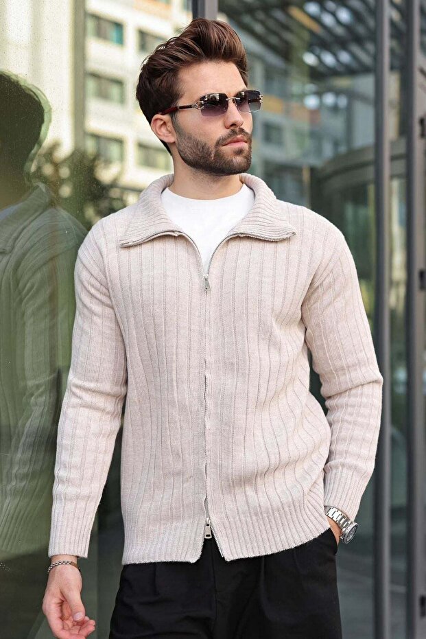 Stone Color Double Zipper Slim Fit Striped Men's Knitwear Cardigan E7522