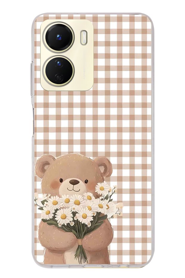 Vivo Y16 Compatible Transparent Phone Case with Flower Bouquet and Teddy Bear Pattern