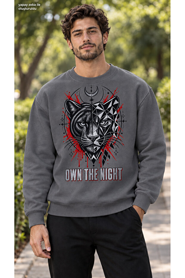 Men's Geometric Panther and Black Red Graphic Printed Crew Neck Casual Regular Fit Sweatshirt