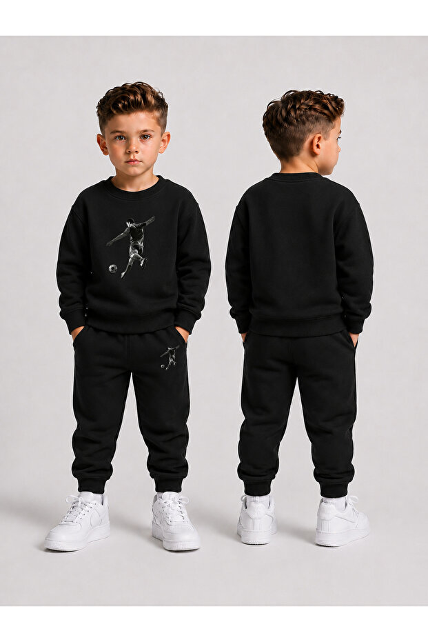 Crew Neck Sweatshirt Top and Bottom Set Boys' Tracksuit Set 3 Thread Threaded Winter Set