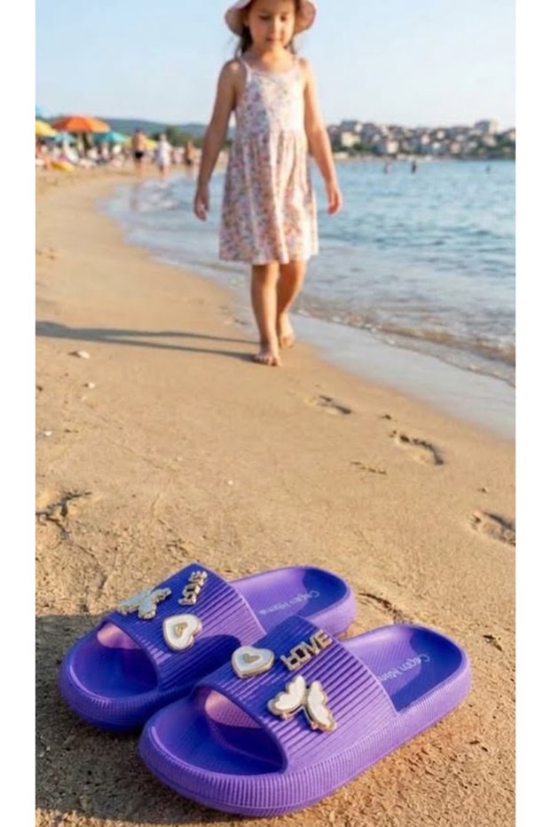 Girl's Purple Beach Slippers with Butterfly and Starfish Figures, Wet Floor Pool Slippers, Yozgat Sumer Model, Flexible Non-Slip Sole, Comfortable Daily Summer Sandals, Slippers