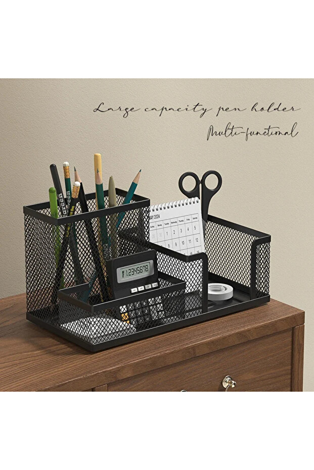 Black Mesh Desk Organizer - 3-Tier Storage Space with Pen Holder and Baskets, Desktop Office Supplies Organizer for Home and School Use