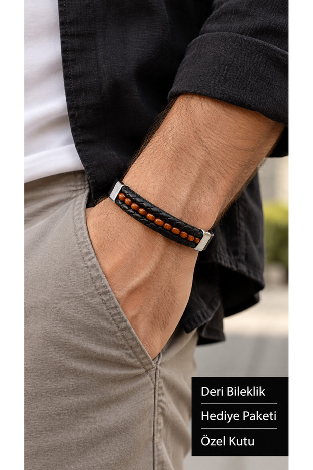 Caldoro Rustweave Black Leather Men's Bracelet - Red Brown Weave Detail