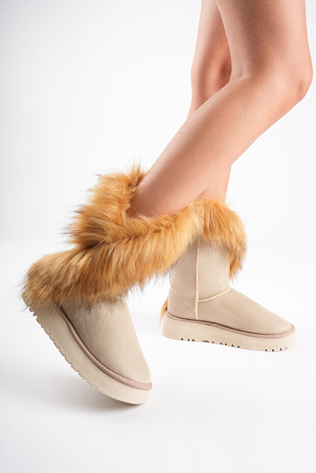 Women's Beige Suede Fur Detailed 5cm Thick Sole Winter Casual Boots