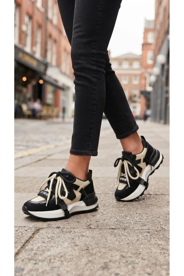 Black Beige Lace-Up Women's Casual Sports Shoes