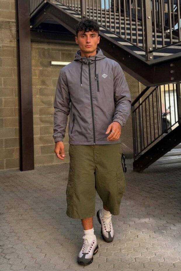 Men's Lined Zippered Hooded Dark Gray Raincoat & Windbreaker