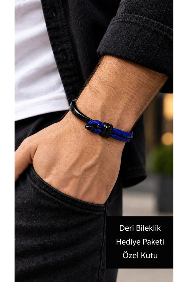 Dorvano Royalblue Navy Blue Leather Men's Bracelet - Black Open Clasp