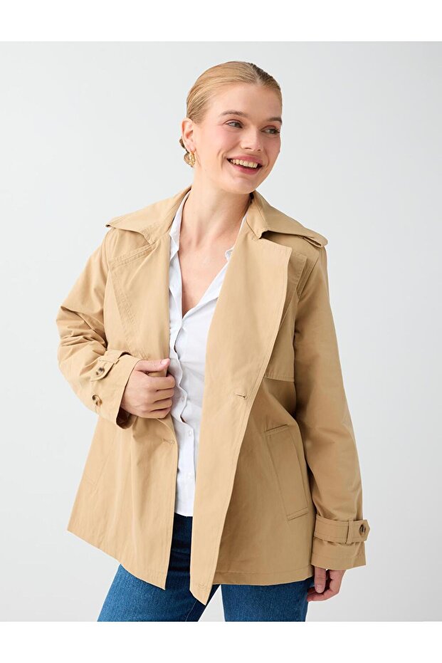 Camel Hair Jacket with Collar Belt Detail Woven Trench Coat