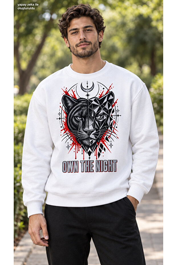 Men's Geometric Panther and Black Red Graphic Printed Crew Neck Casual Regular Fit Sweatshirt
