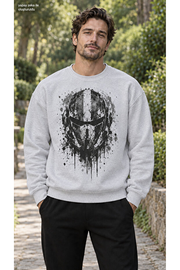 Men's Uturistik Robot Helmet Printed Crew Neck Casual Regular Fit Sweatshirt