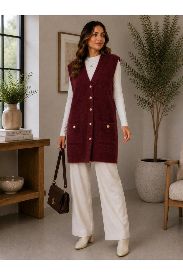 Şardonlu Yumoş Knitwear Vest – Women's Knitted Vest with V-Neck and Double Pockets on the Front with Buttons