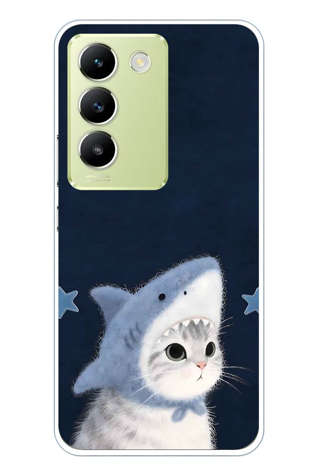 حافظة هاتف شفافة متوافقة مع هاتف Vivo V30 Lite مع تصميم على شكل قطة على شكل سمكة القرش