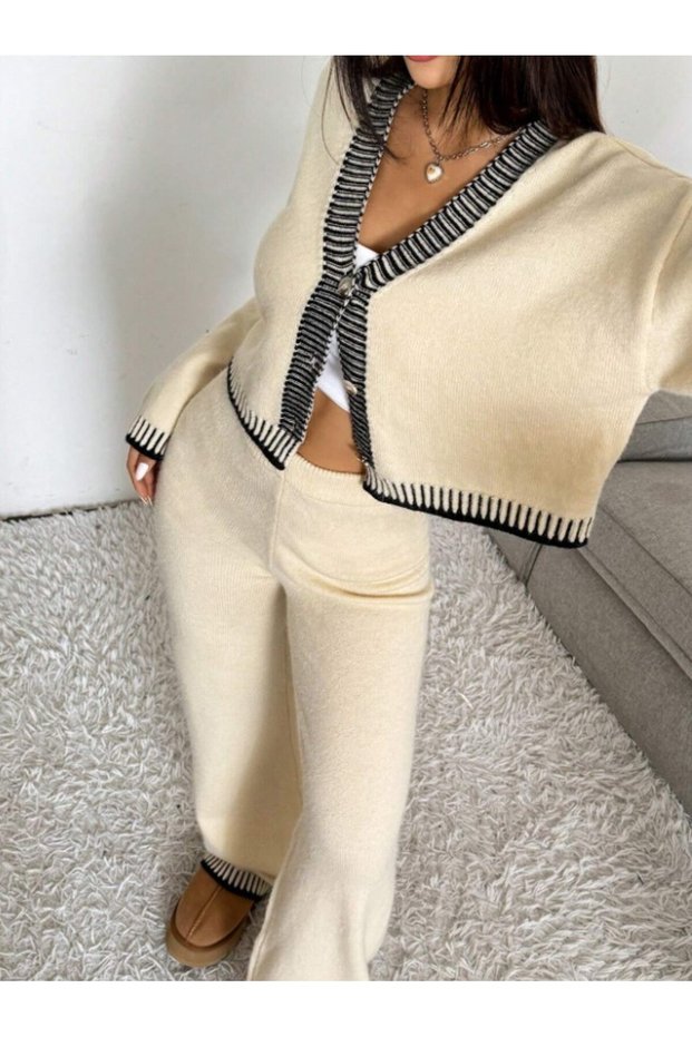 Women's 2-Piece Cardigan Pants Trend Oversize Knitwear Set (Skin Color)