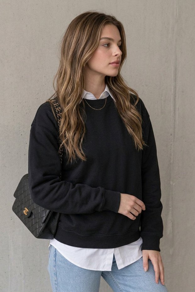 Women's Winter Thick Fleece Lined Puff Fabric Crew Neck Regular Sweatshirt