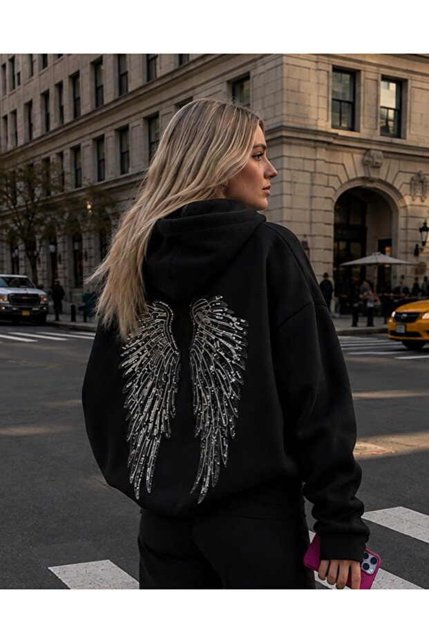 Sequin Detailed Back Butterfly Embroidered Hoodie Sweatshirt