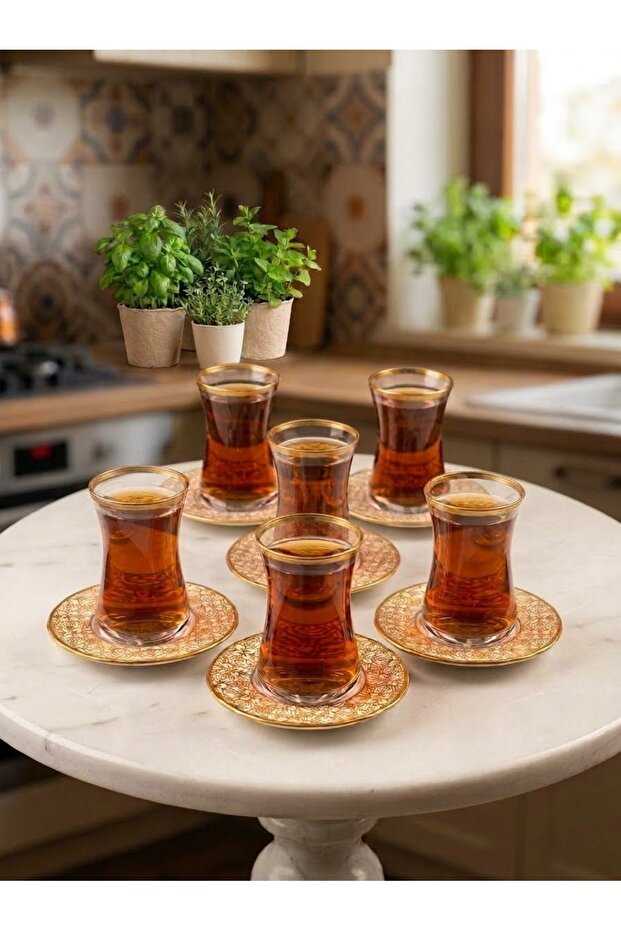 12 Pcs Tea Set -glass and porcelain-gilt patterned