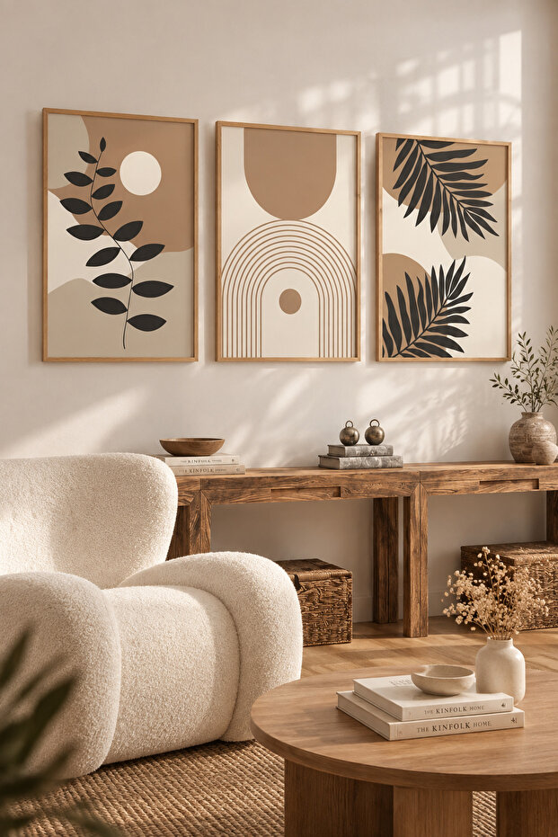 Natural Wood Framed 3-Piece Boho Leaf Pattern Wall Decor Painting Set for Living Room Living Bedroom Kitchen Entrance