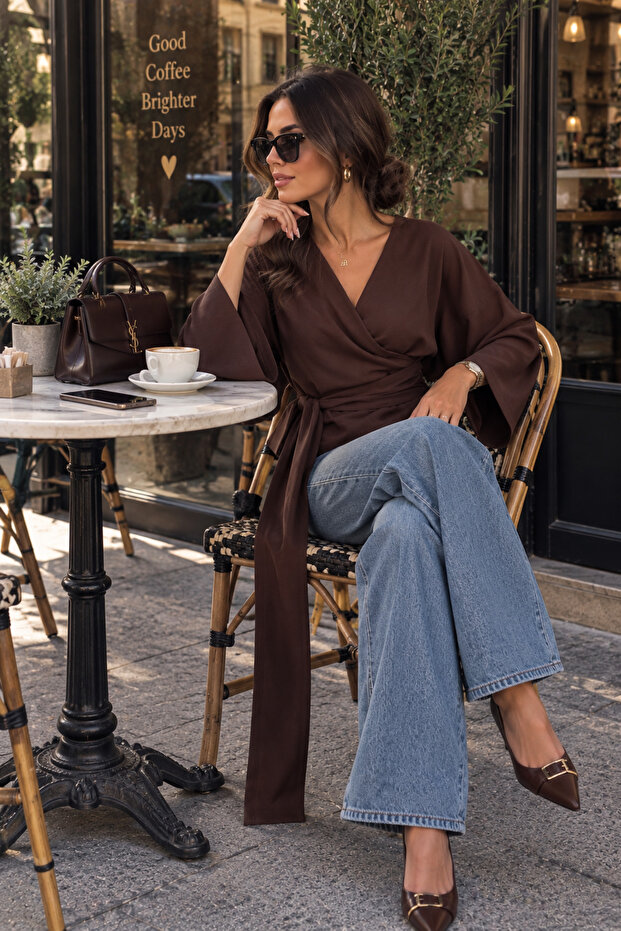 Women's Double Breasted V-Neck Belted Waist Tie Bat Sleeve Loose Long Sleeve Blouse