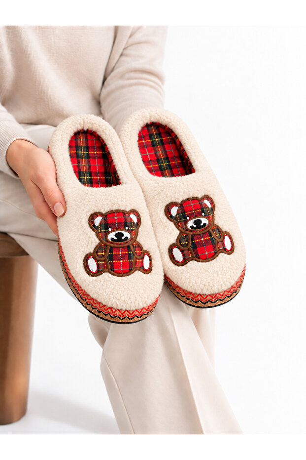 Soft Plush Winter House Slippers with Plaid Pattern and Bear Figure