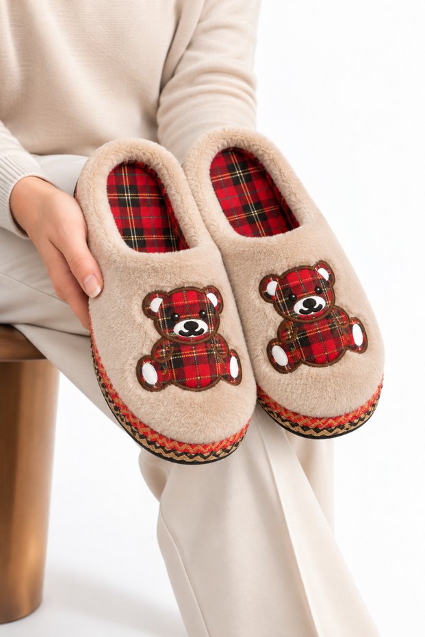Soft Plush Winter House Slippers with Plaid Pattern and Bear Figure