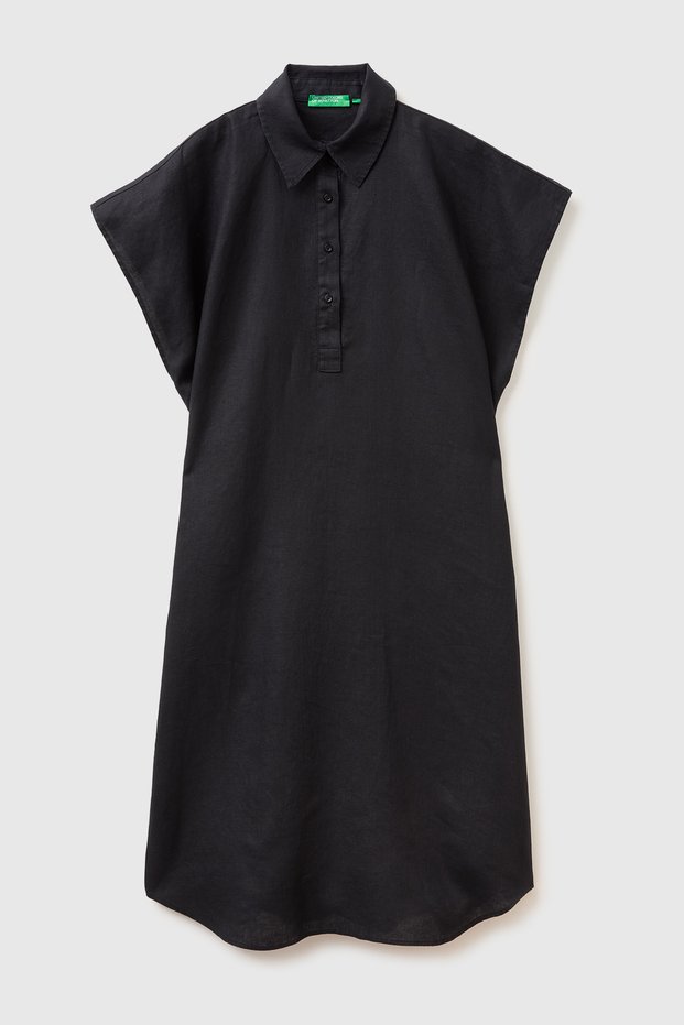 Women's Black 100% Linen Button Front Shirt Collar Short Sleeve Maxi Dress