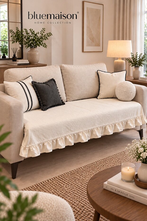 100% Cotton Ruffled Bohemian Sofa Cover - Sofa Bed Cover 7 Different Colors 95X205 cm