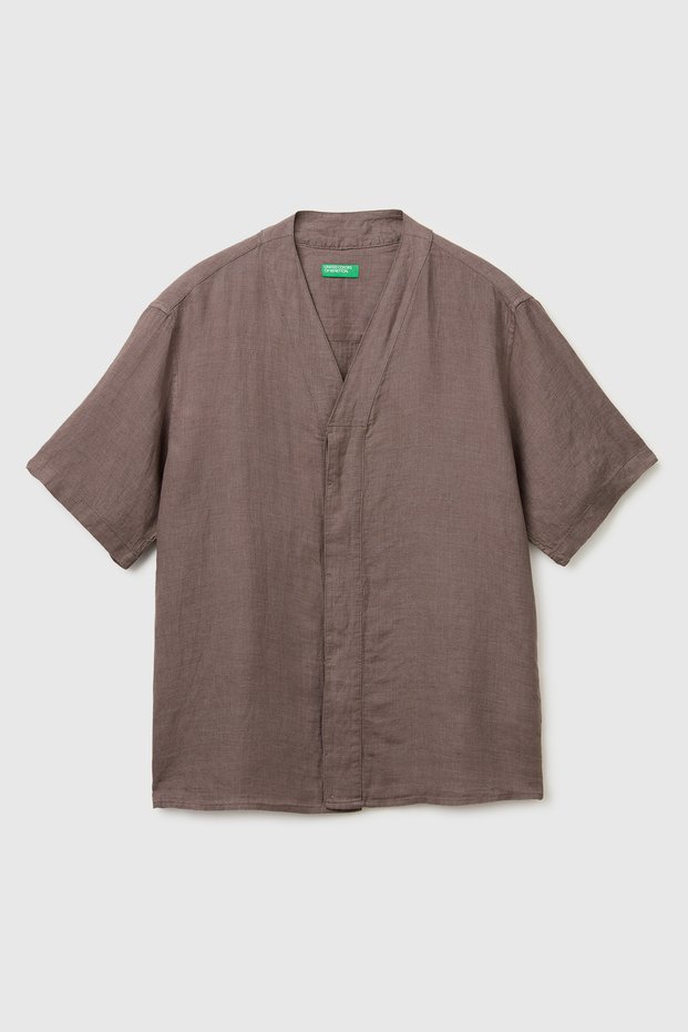 Men's Brown 100% Linen Relaxed Fit Short Sleeve Baseball Collar Shirt