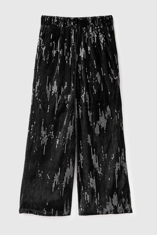 Girl's Black All-Over Sequined Palazzo Trousers with Elastic Waist and Pockets