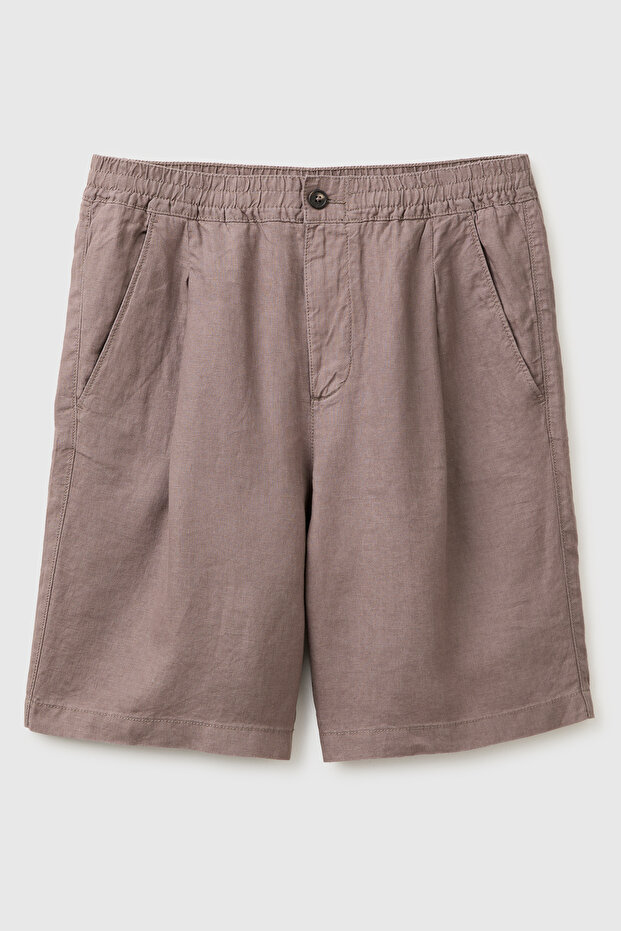 Men's Brown 100% Linen Drawstring Buttoned Bermuda Shorts with Pleat Detail