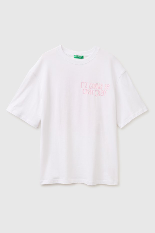 Women's White Mix 100% Cotton Printed Oversize Crew Neck T-Shirt