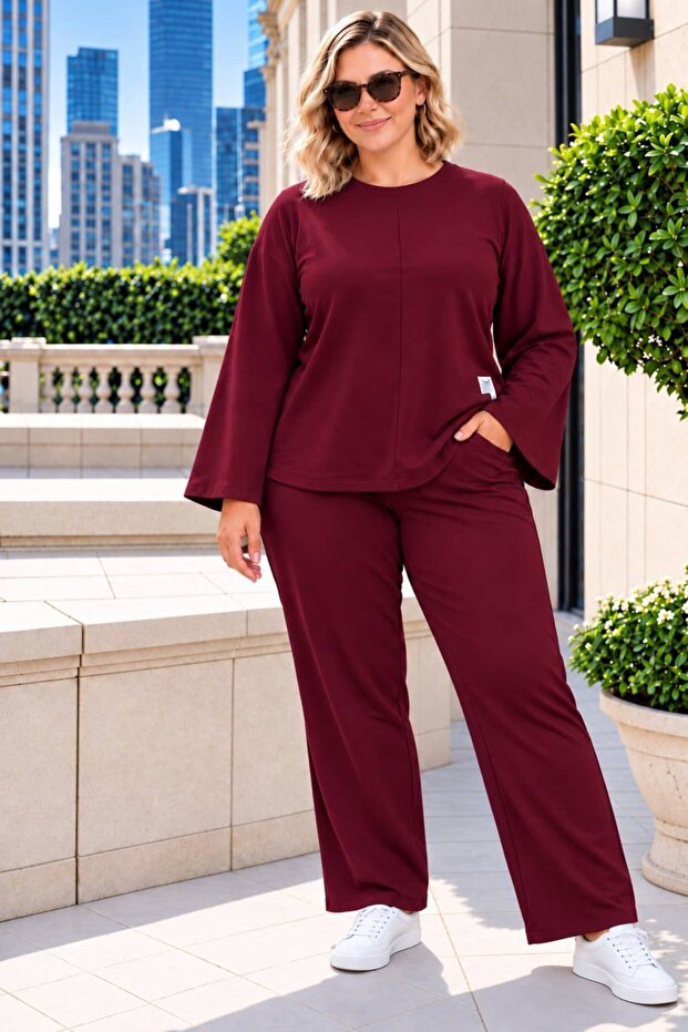 Women's Plus Size Crystal Fabric Two-Piece Set – Long Sleeve Blouse and Wide Leg Pants