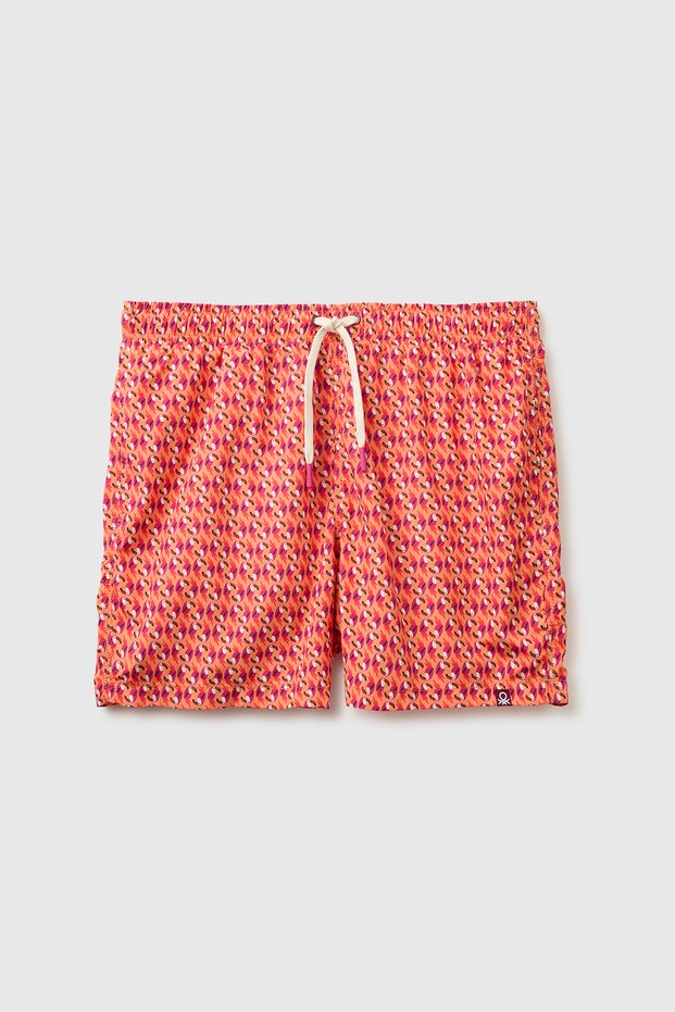 Men's orange all-over print drawstring swim shorts