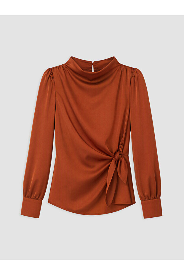 Özmarka New Season Brown Stand Collar Gathered Blouse