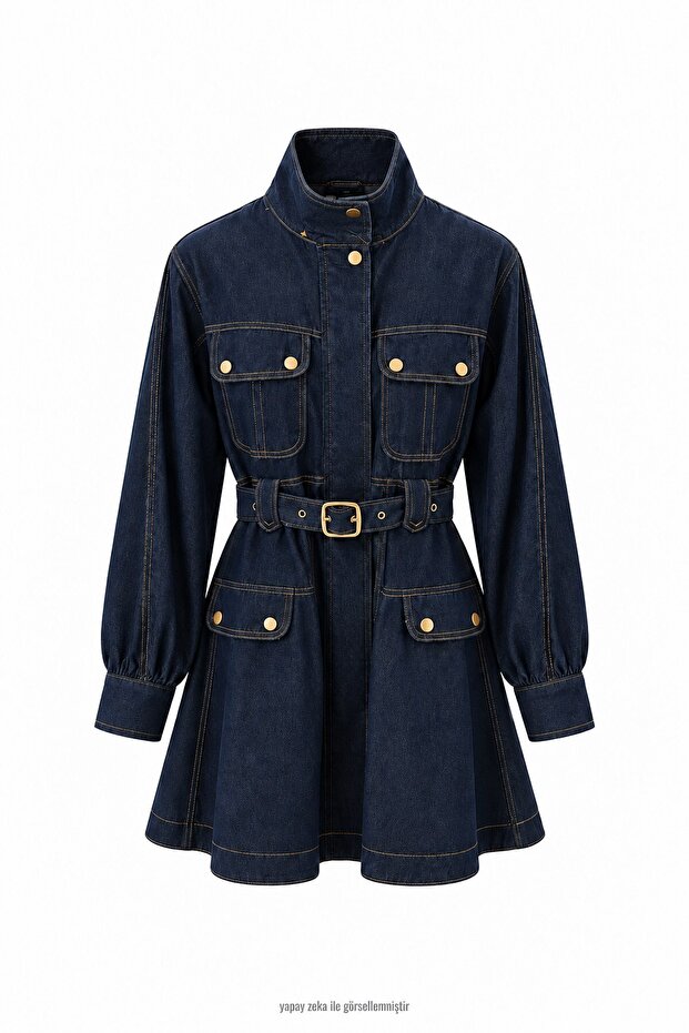 Belted Gold Detailed Premium Denim Dress Navy Blue
