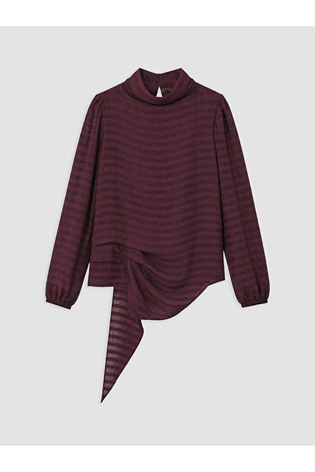 Ozmarka New Season Purple Stand Collar Striped Gathered Blouse