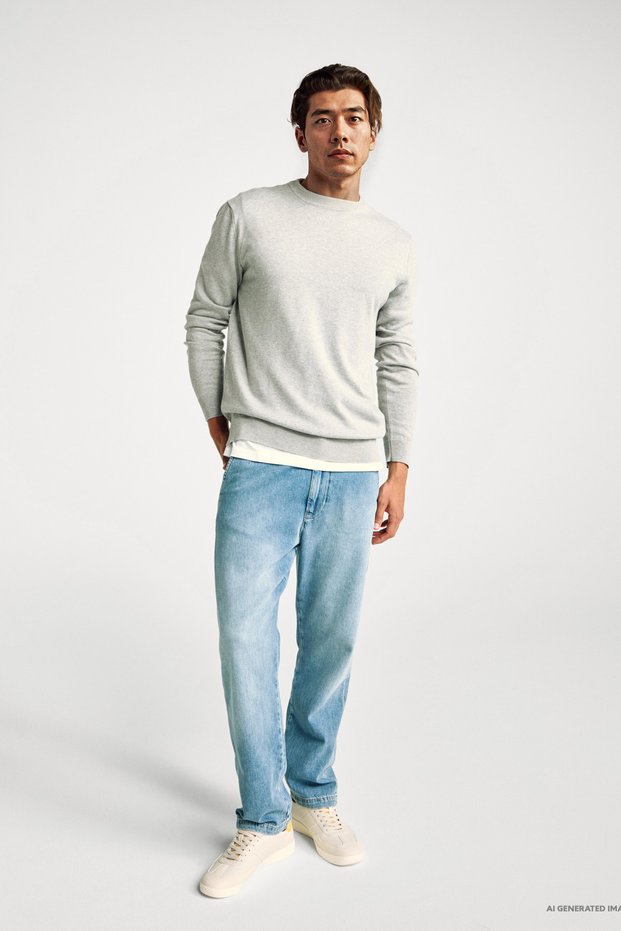 Men's Light Blue 100% Cotton Denim Trousers with Buttoned Waist and Pocket Detail on the Back
