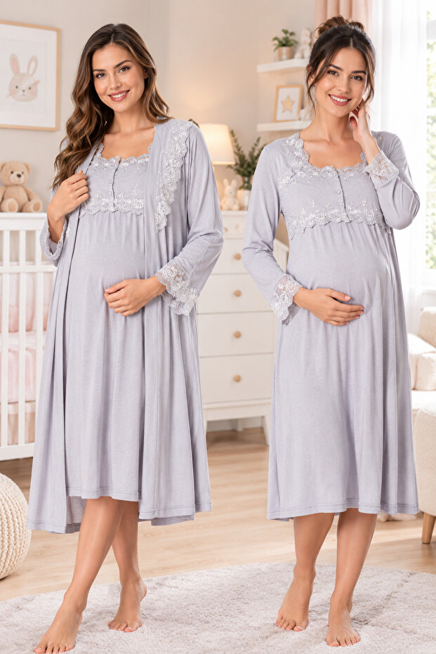 Cotton Maternity Nightgown Set with Nursing Features and Dressing Gown