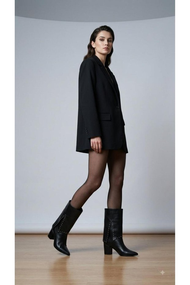 Black Color Stone-Embellished Half Boots