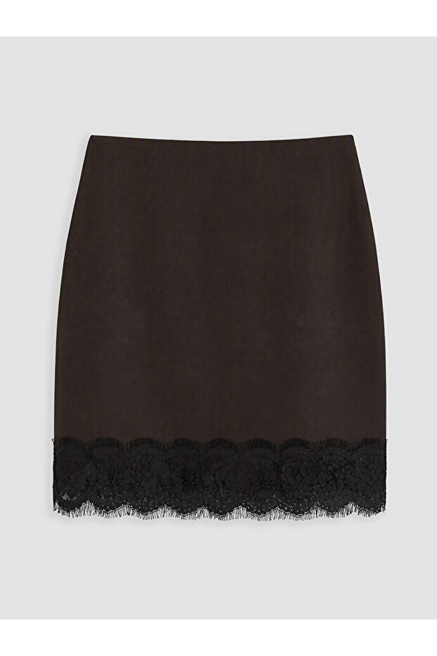 Özmarka New Season Brown Mini Skirt with Zipper at the Waist and Lace Detail