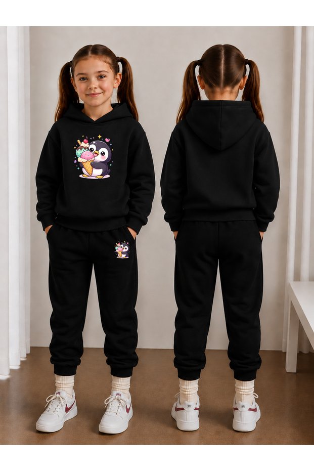 Girl's Tracksuit Set Hooded Sweatshirt Top and Bottom Set 3 Thread Threaded Winter Wear