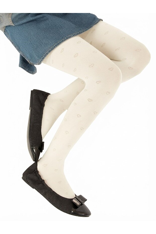 Girl's Tiny Heart Patterned Micro Pantyhose - Ecru
