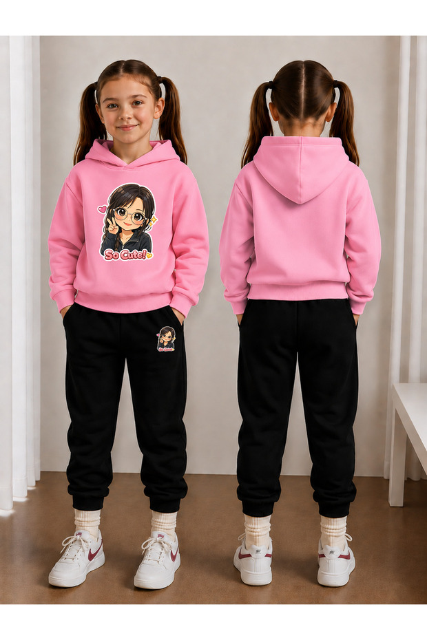 Girl's Tracksuit Set Hooded Sweatshirt Top and Bottom Set 3 Thread Threaded Winter Wear