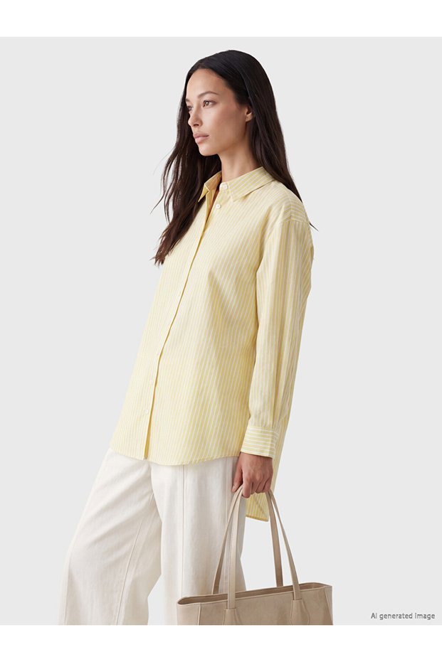 Özmarka New Season Yellow Striped Poplin Women's Shirt Tunic