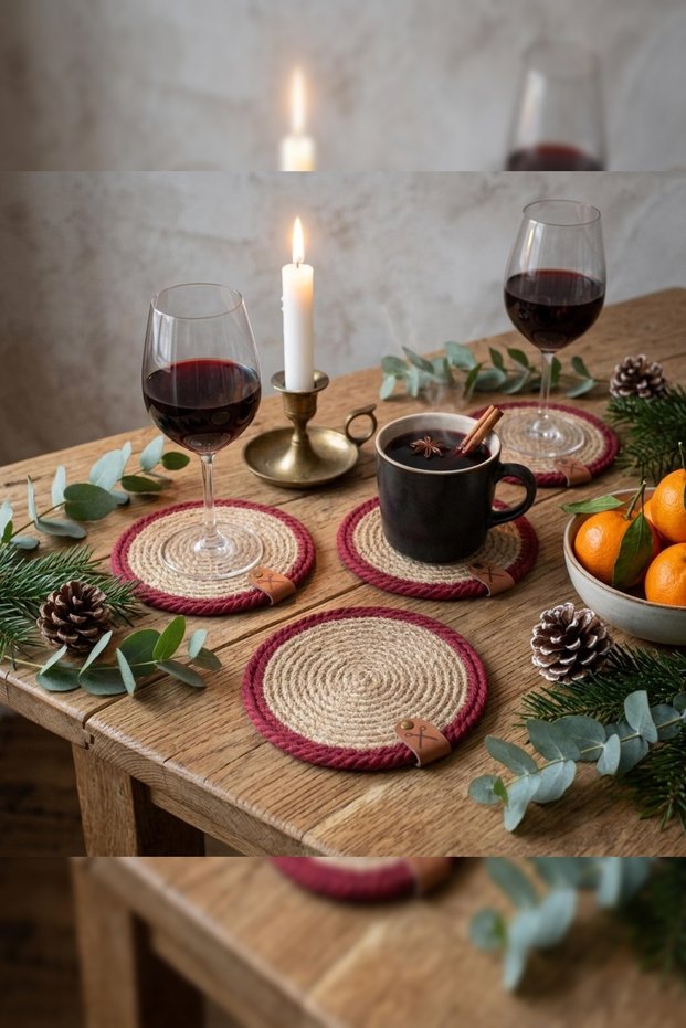4 Pieces 13cm Red Striped Christmas Jute Straw Knitted Coaster Set