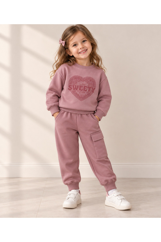 Sweety Heart Printed Girls' Tracksuit Set 3 Years-6 Years