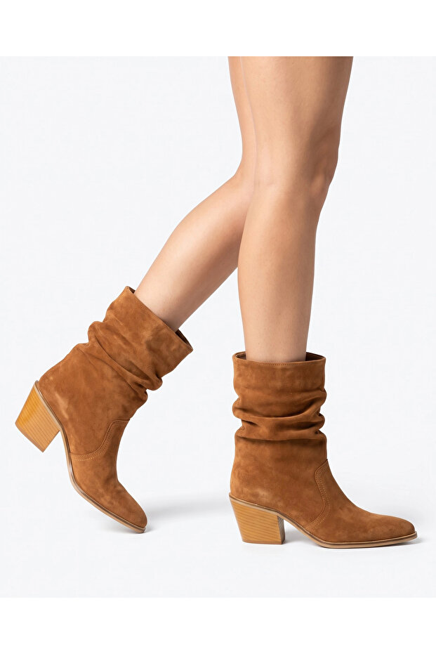 Valentina Tan Suede Ruched Western Boots
