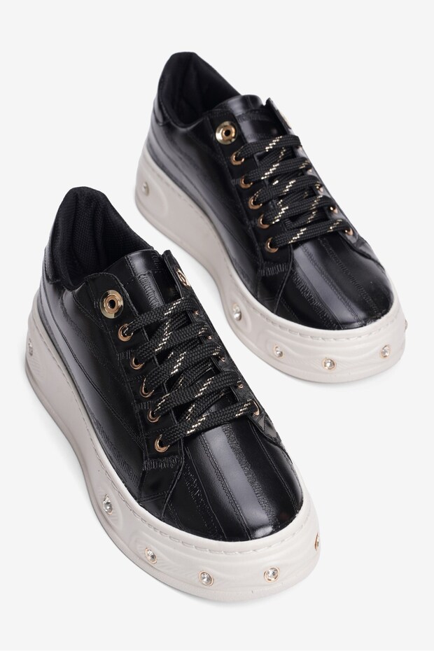 Women's Stripe Textured Sneaker Thick Sole Lace-Up Gold Detailed Stoned Vika Black