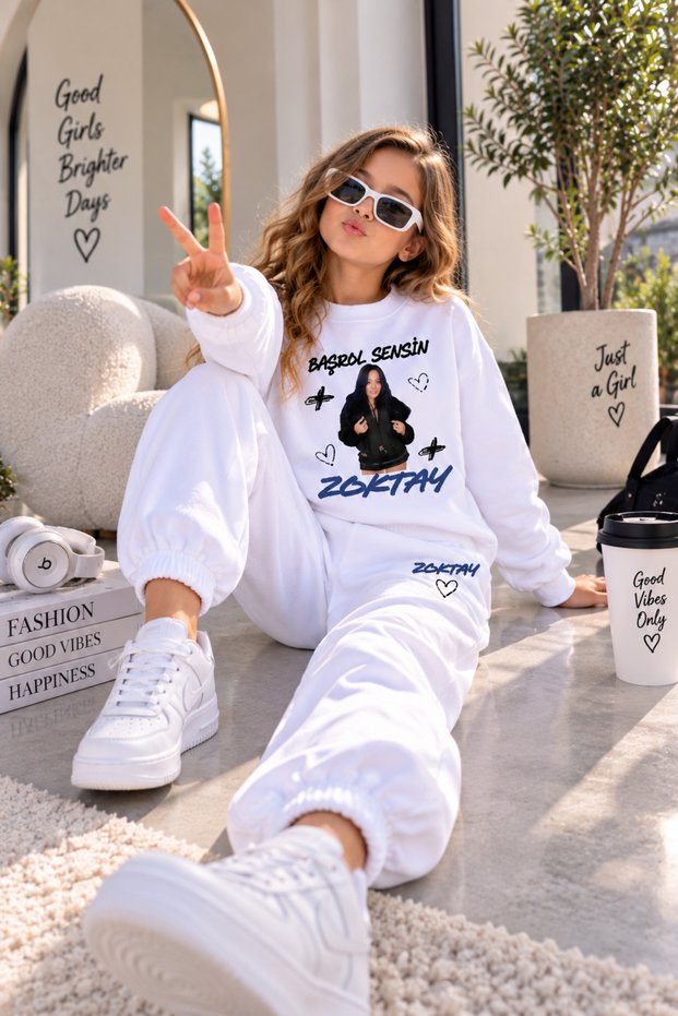Girl's Manifest Zoktay Printed White Sweatshirt & Sweatpants 2-Piece Set