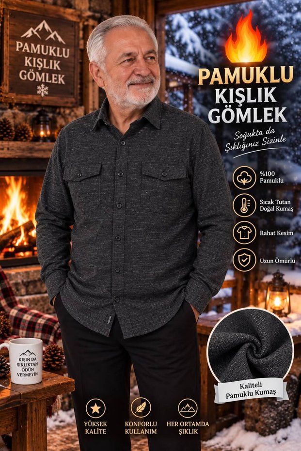 Double Pocket Flannel Cotton Long Sleeve Winter Men's Shirt with Flap